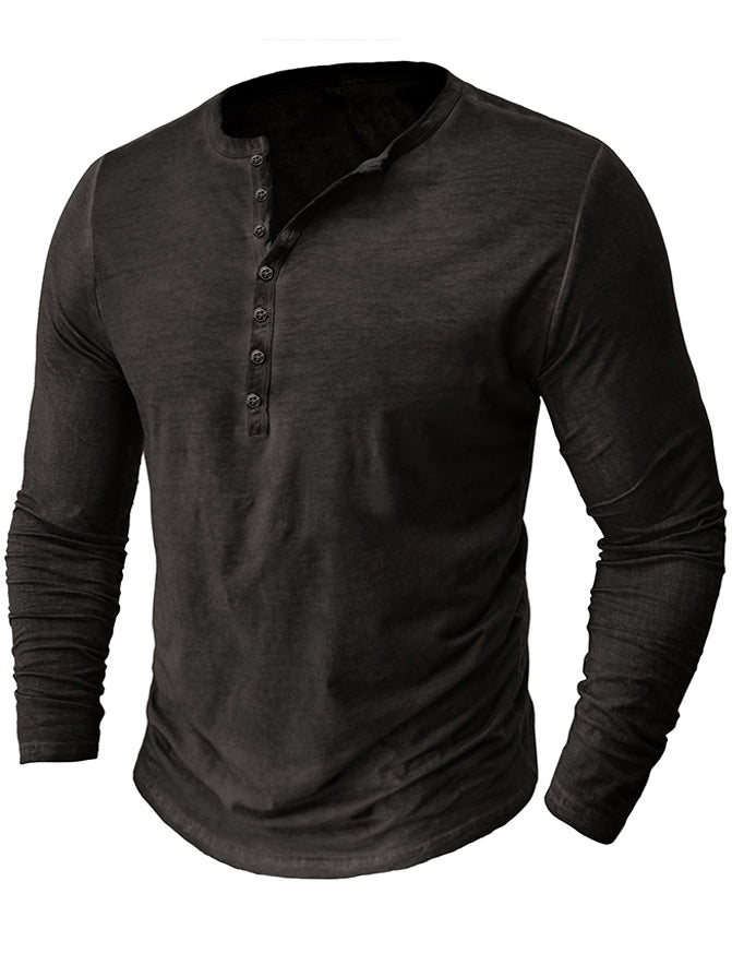 Men's Washed Distressed Cotton V-neck Henley Vintage Long-sleeved T-shirt