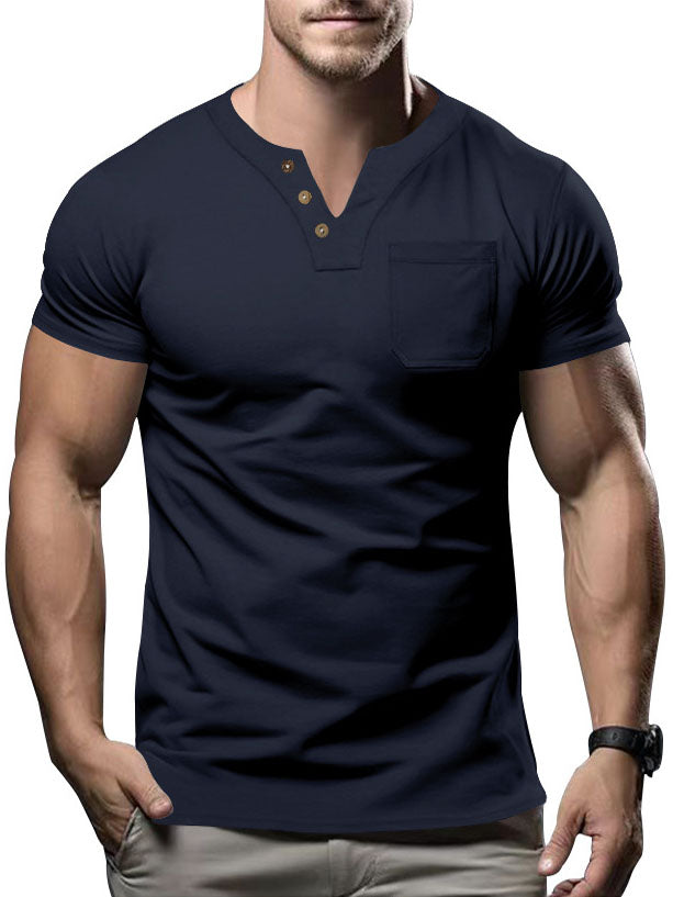 Men's Solid Color V-Neck Pocket Short Sleeve T-Shirt