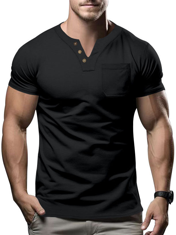 Men's Solid Color V-Neck Pocket Short Sleeve T-Shirt