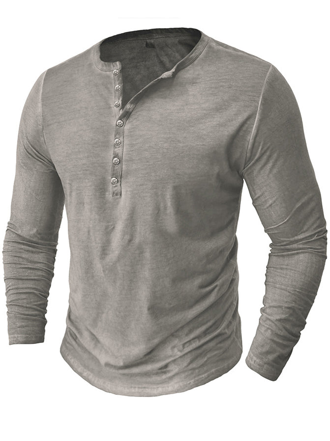 Men's Washed Distressed Cotton V-neck Henley Vintage Long-sleeved T-shirt