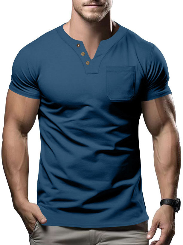 Men's Solid Color V-Neck Pocket Short Sleeve T-Shirt