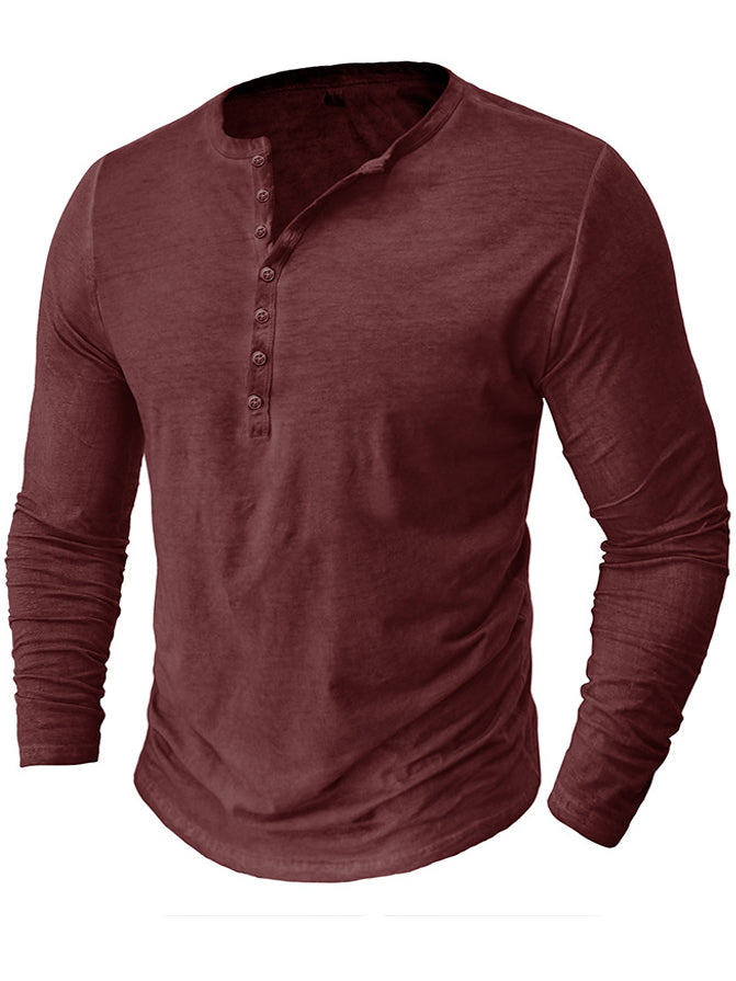 Men's Washed Distressed Cotton V-neck Henley Vintage Long-sleeved T-shirt