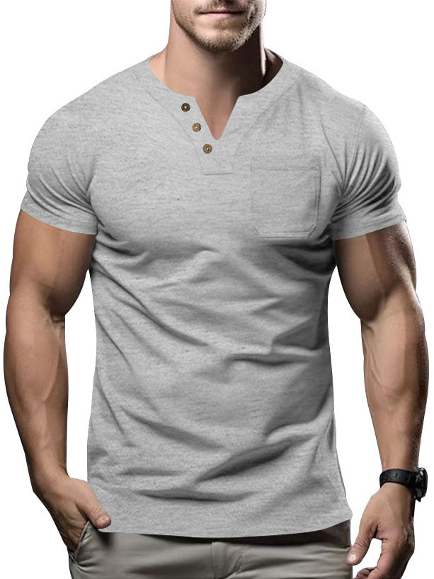 Men's Solid Color V-Neck Pocket Short Sleeve T-Shirt