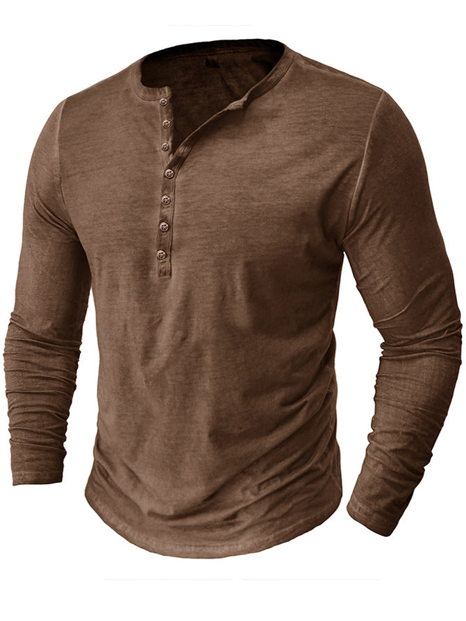 Men's Washed Distressed Cotton V-neck Henley Vintage Long-sleeved T-shirt