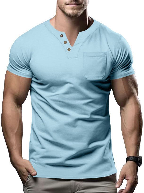 Men's Solid Color V-Neck Pocket Short Sleeve T-Shirt