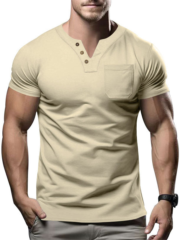 Men's Solid Color V-Neck Pocket Short Sleeve T-Shirt