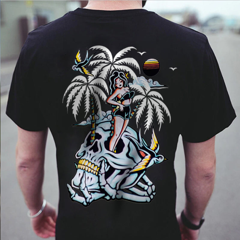 Skull Coconut Tree Printed Casual Men's T-shirt