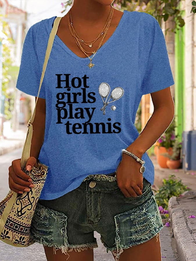 Women's Hot girls play tennis Printed V-Neck T-Shirt