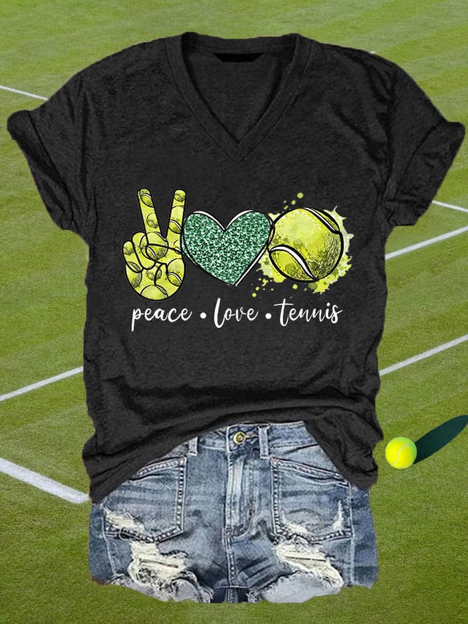 Women's Peace Love Tennis Casual V-Neck Tee