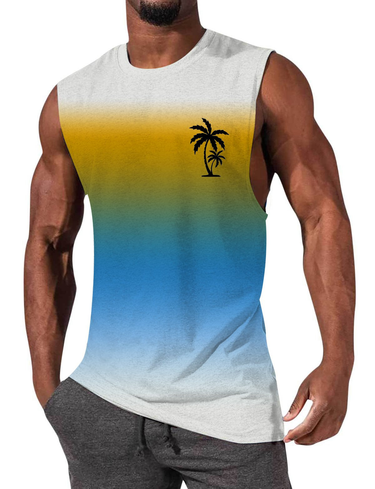 Men's Gradient Color Palm Tree Hawaiian Print Comfort Casual Sleeveless T-Shirt