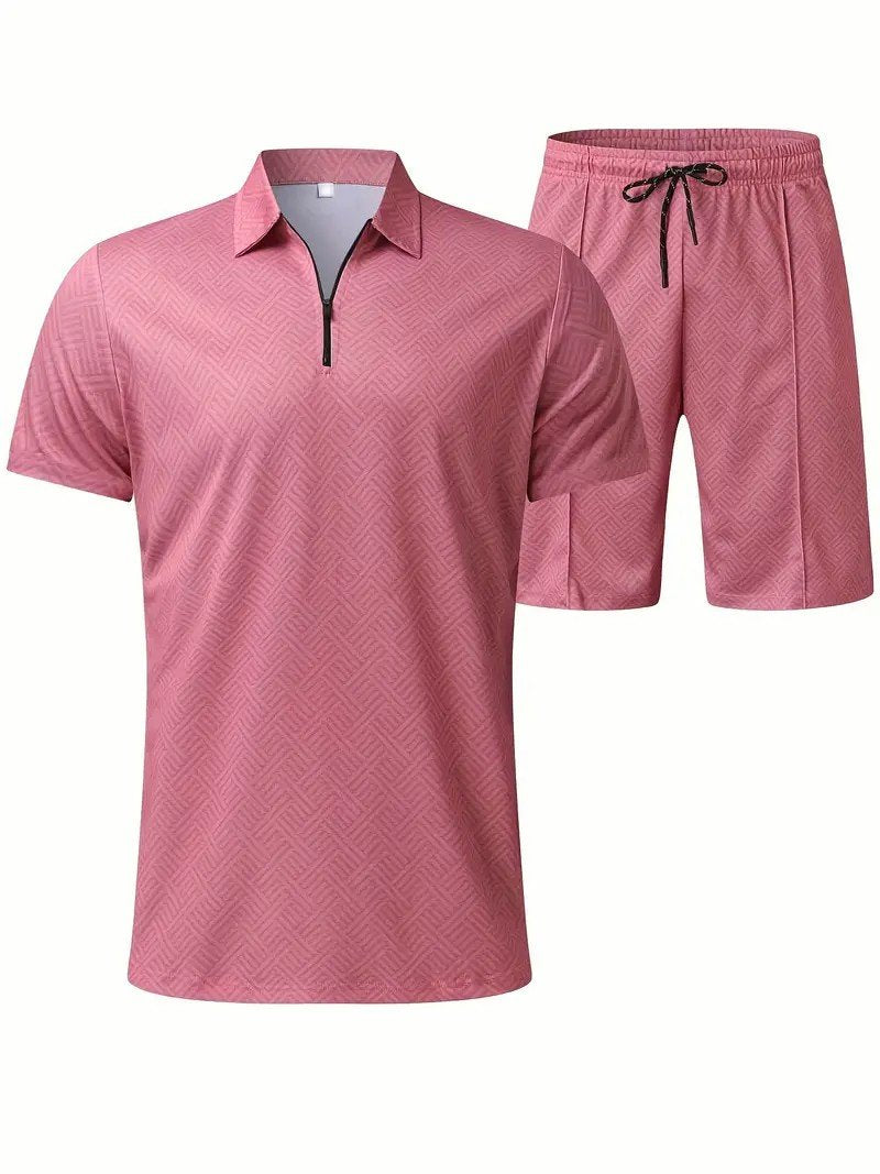 Men's Fashion V Neck Zipper Polo Top Set