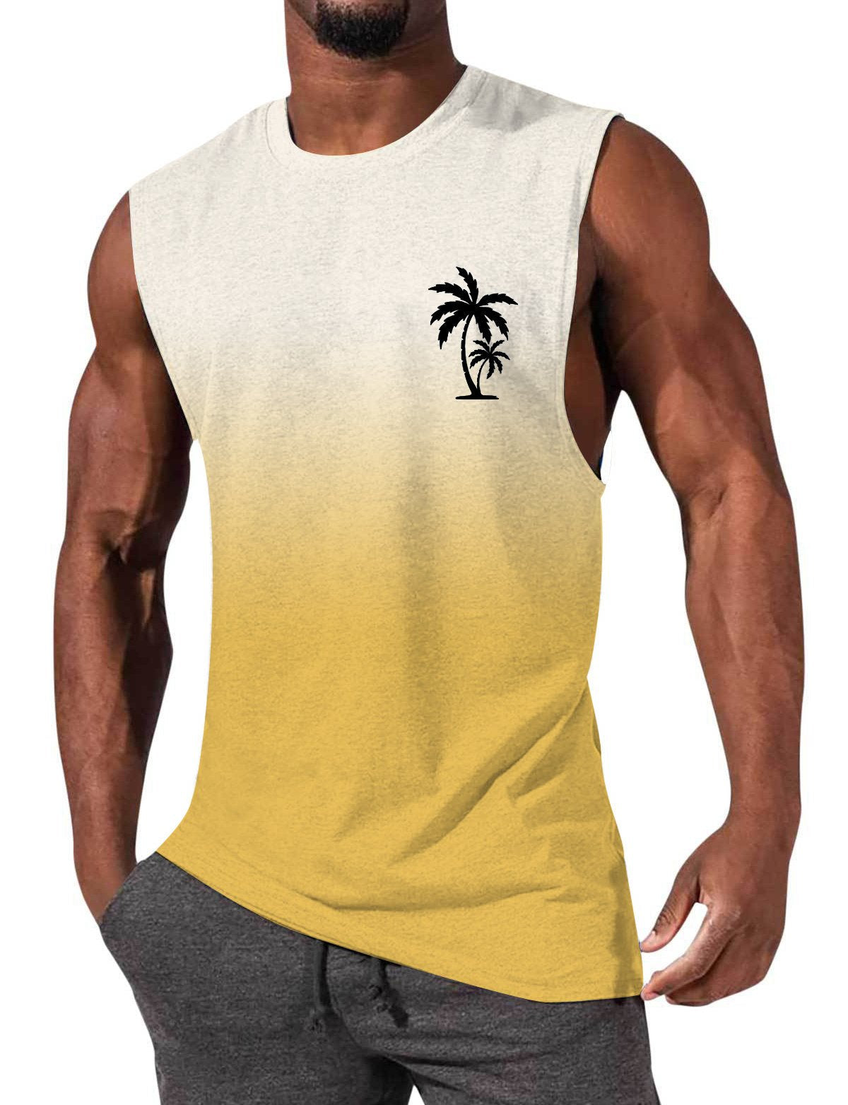 Men's Gradient Color Palm Tree Hawaiian Print Comfort Casual Sleeveless T-Shirt