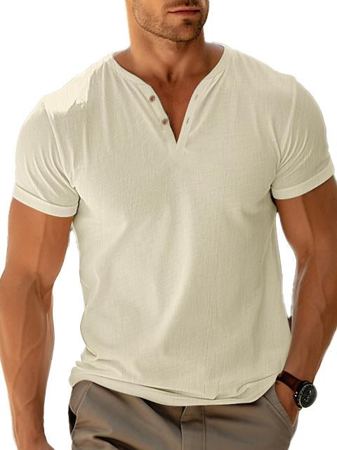 Men's Casual Henley Cotton Linen V-Neck T-Shirt