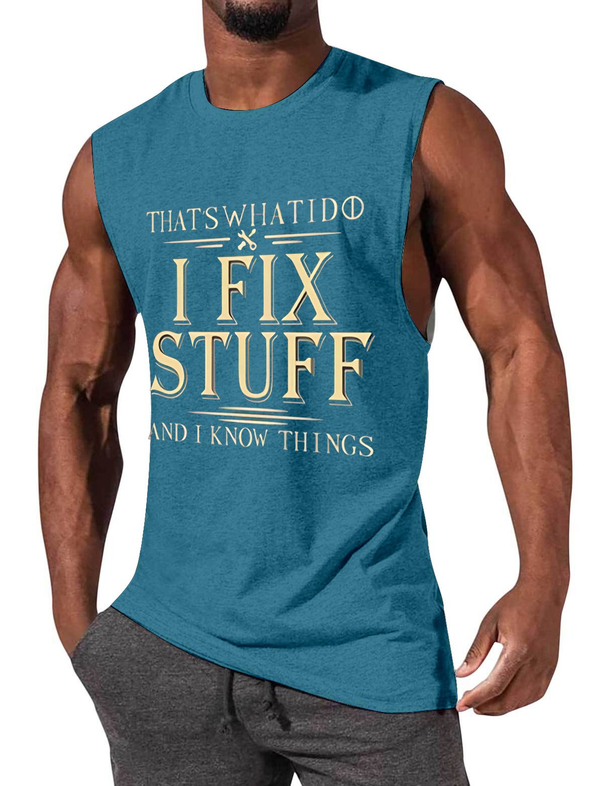 Men's casual fun text I FIX STUFF print sleeveless T-shirt