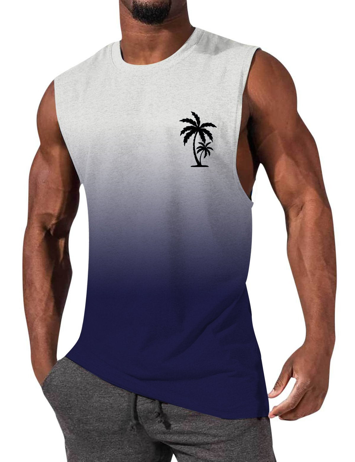 Men's Gradient Color Palm Tree Hawaiian Print Comfort Casual Sleeveless T-Shirt