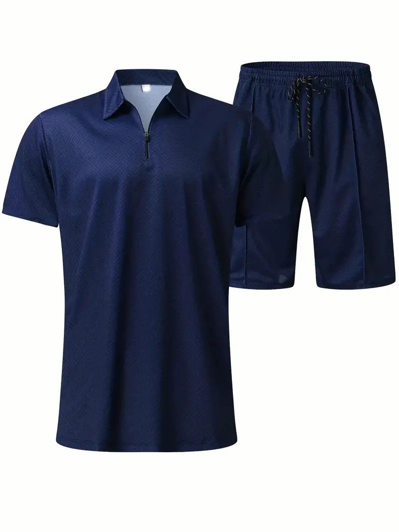 Men's Fashion V Neck Zipper Polo Top Set