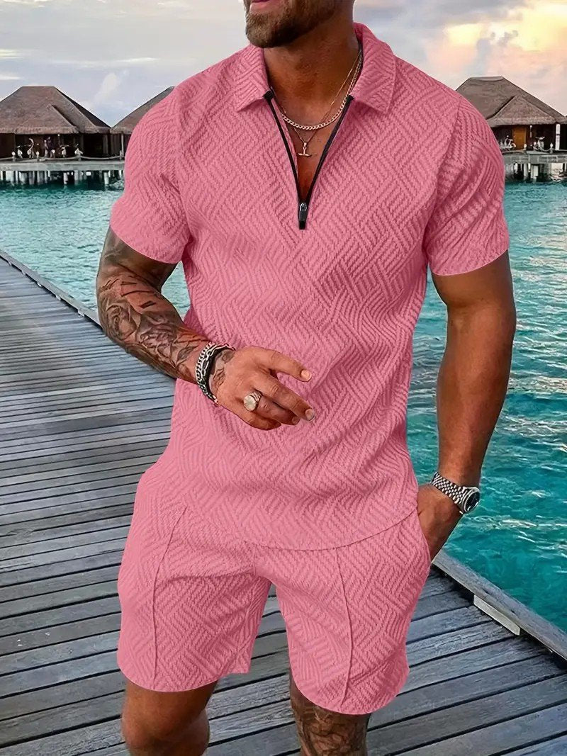 Men's Fashion V Neck Zipper Polo Top Set