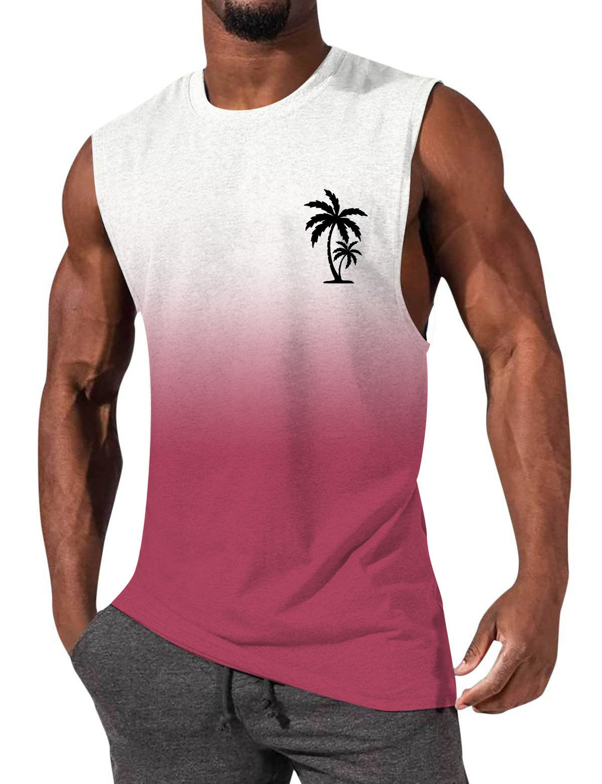 Men's Gradient Color Palm Tree Hawaiian Print Comfort Casual Sleeveless T-Shirt