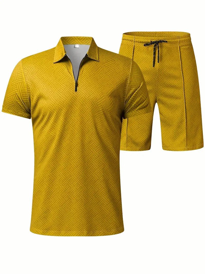 Men's Fashion V Neck Zipper Polo Top Set