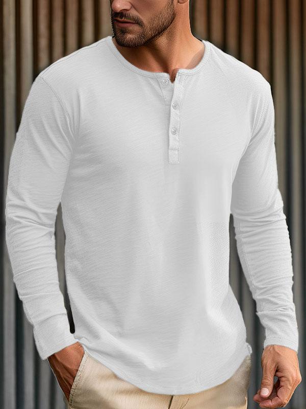 Men's Solid Color Three Button Henley Collar Long Sleeve T-Shirt