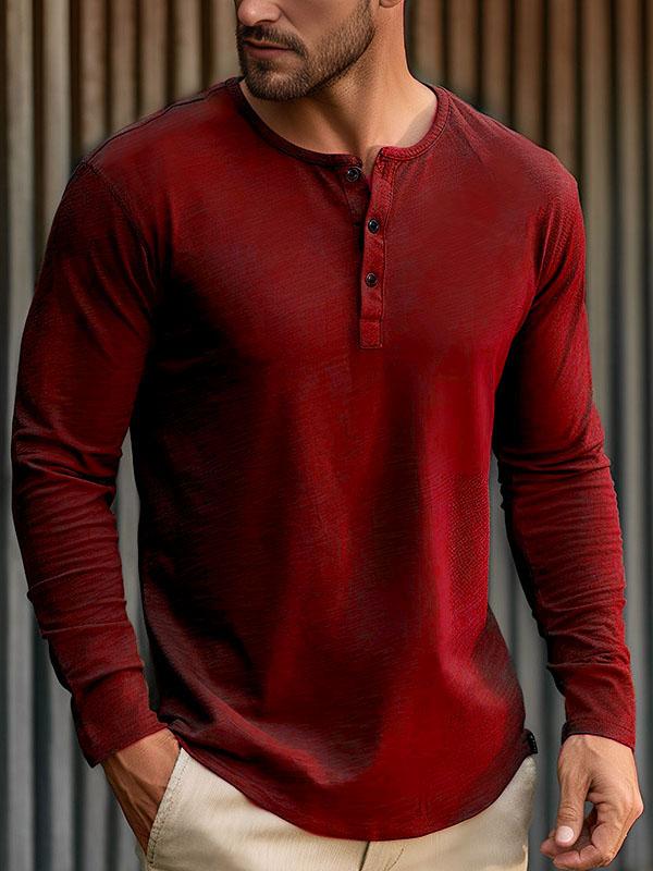 Men's Solid Color Three Button Henley Collar Long Sleeve T-Shirt