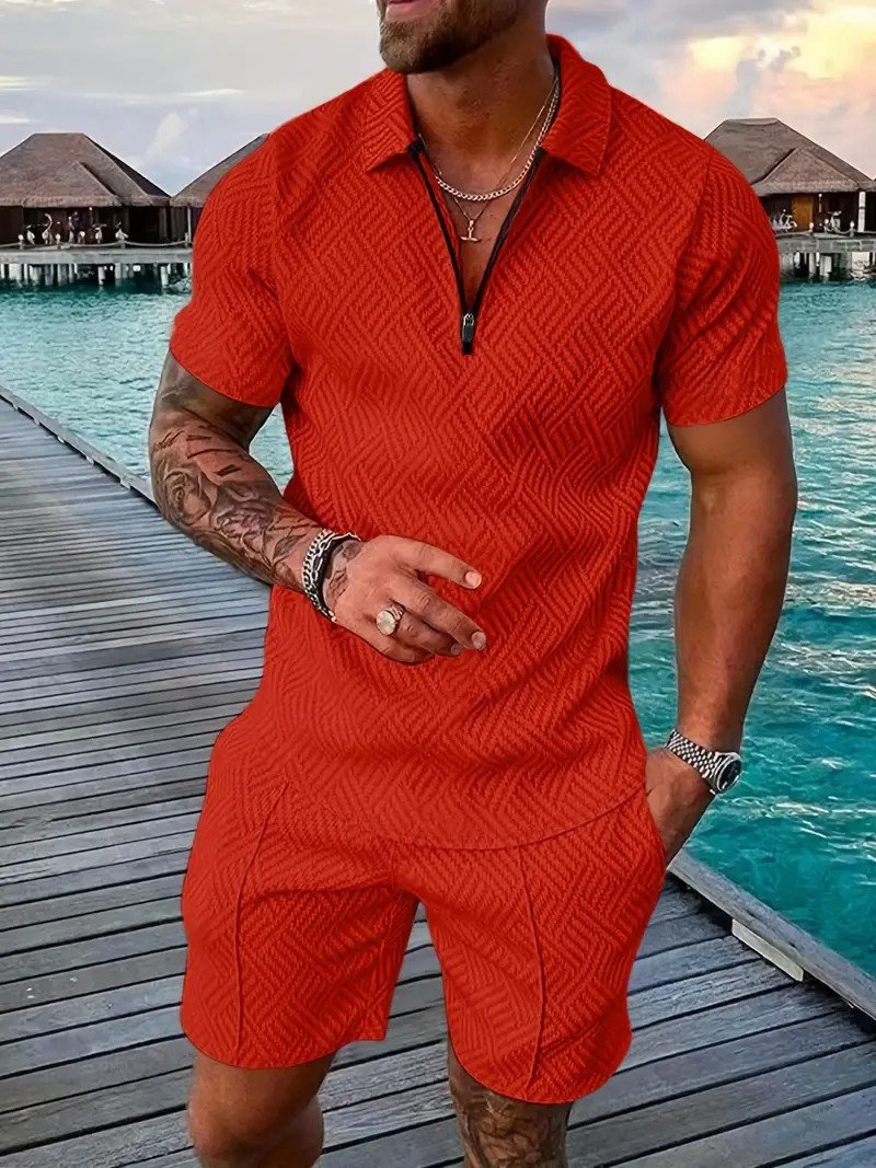 Men's Fashion V Neck Zipper Polo Top Set