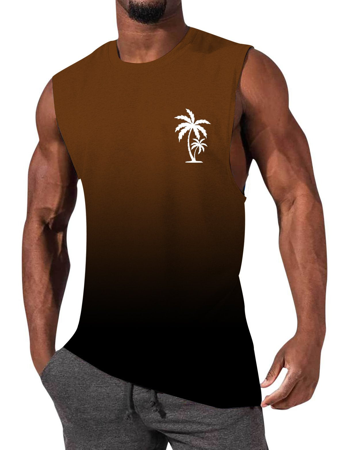 Men's Gradient Color Palm Tree Hawaiian Print Comfort Casual Sleeveless T-Shirt