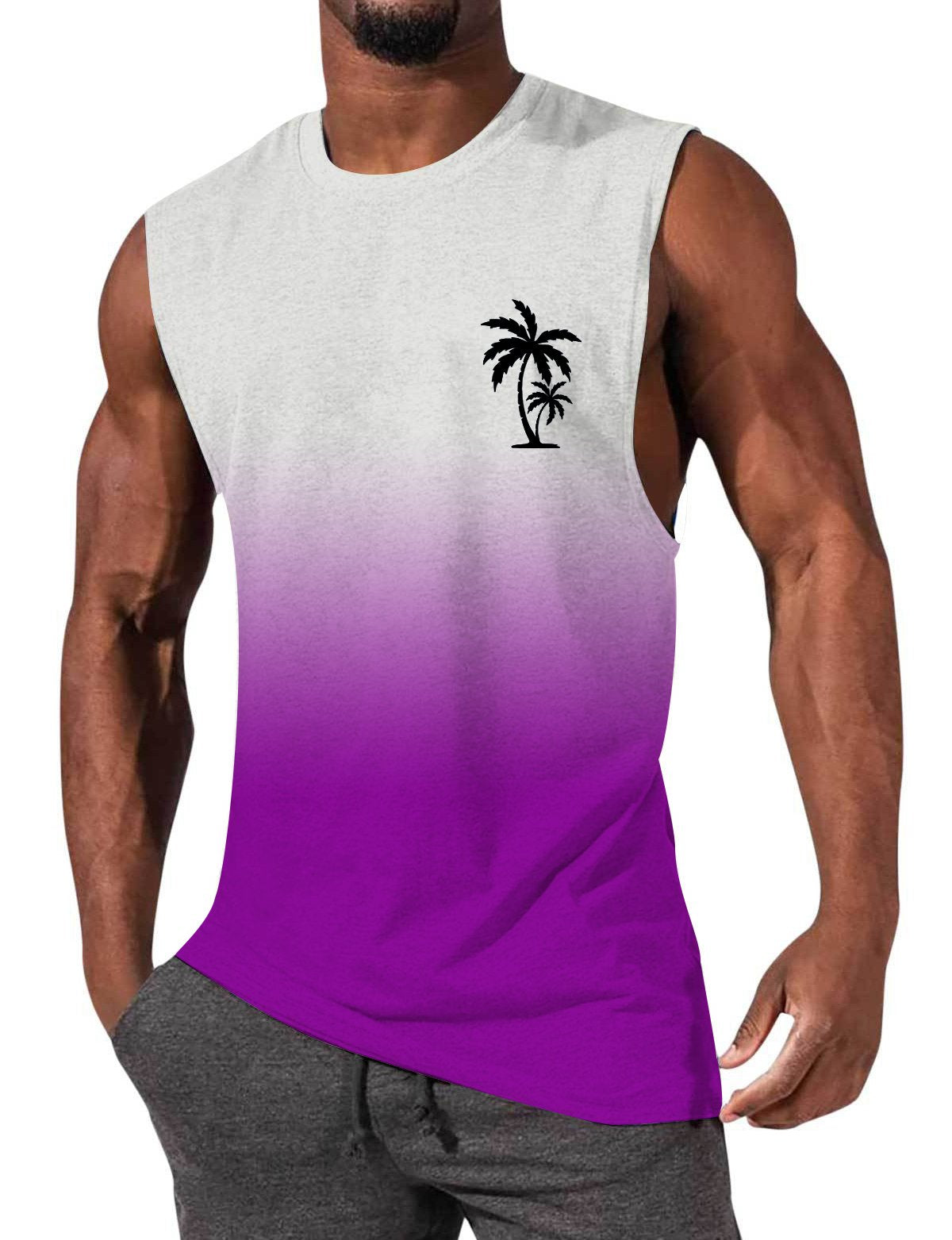 Men's Gradient Color Palm Tree Hawaiian Print Comfort Casual Sleeveless T-Shirt