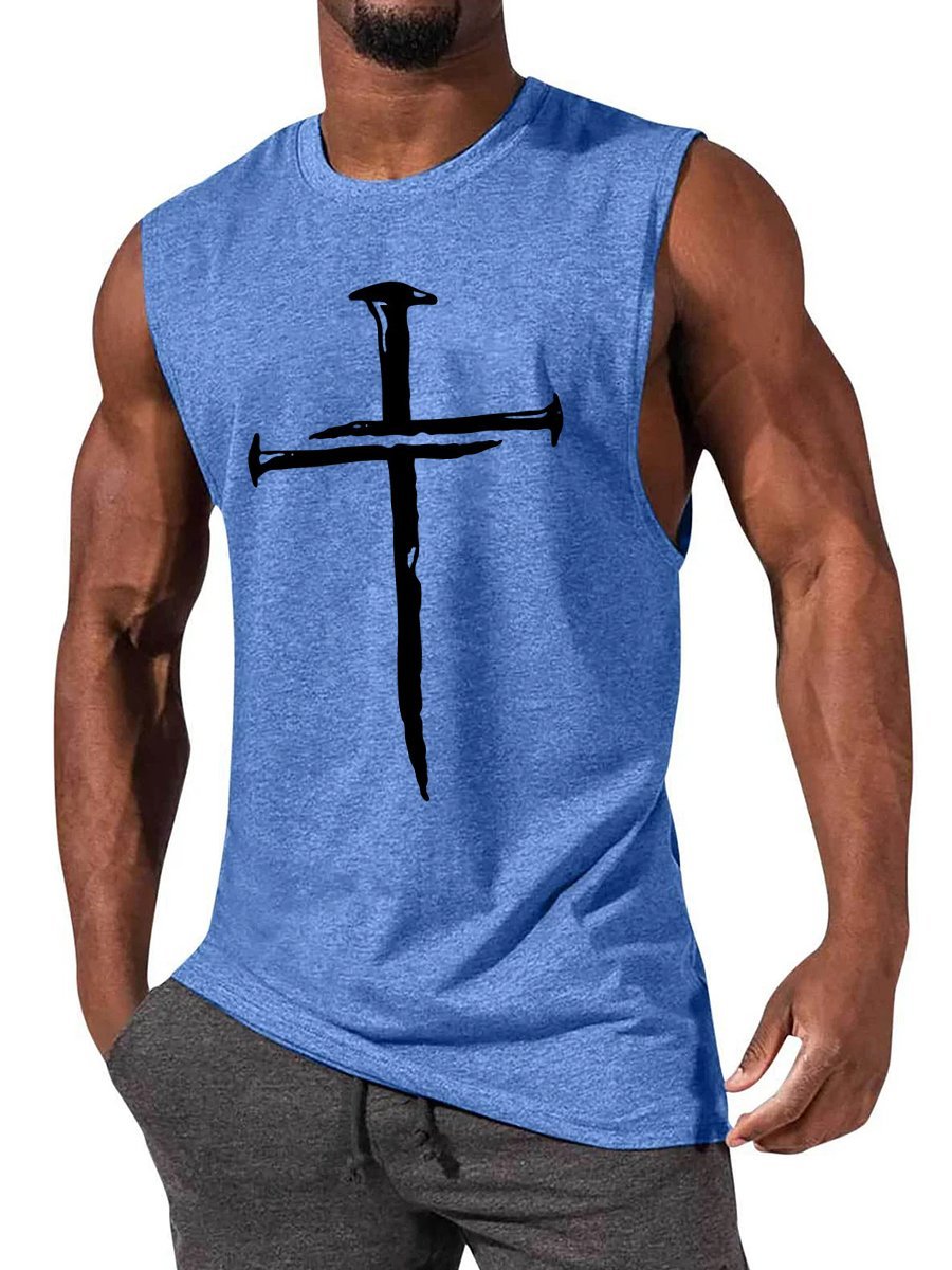 Men's Simple Nail Cross Print Sleeveless T-Shirt