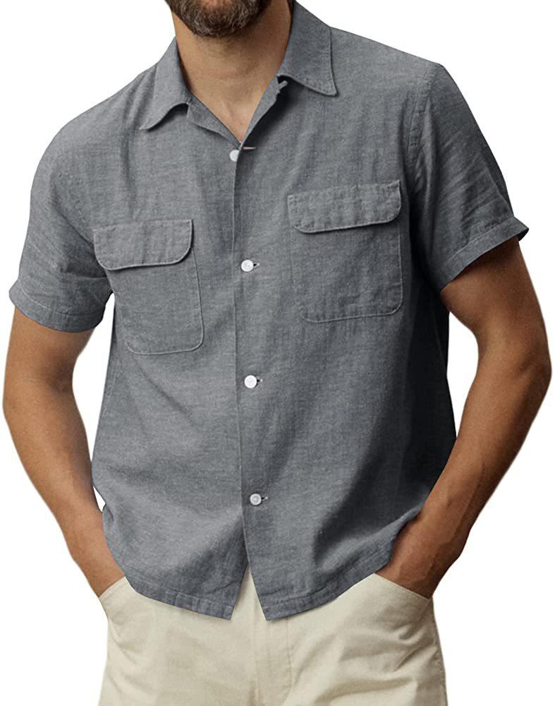 Men's Cotton Linen Short Sleeve Shirt Summer Button Cotton Cuban Camp Beach Casual Pocket Top T-Shirt