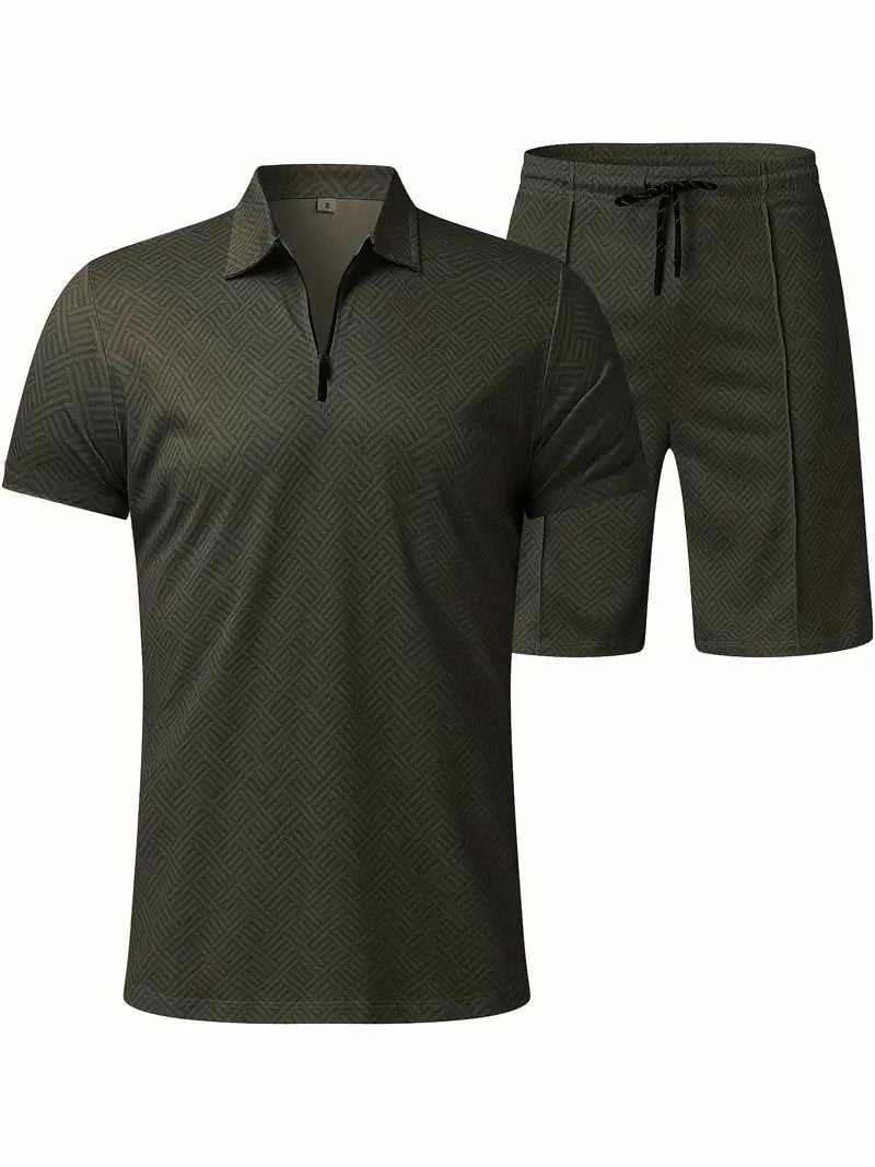 Men's Fashion V Neck Zipper Polo Top Set