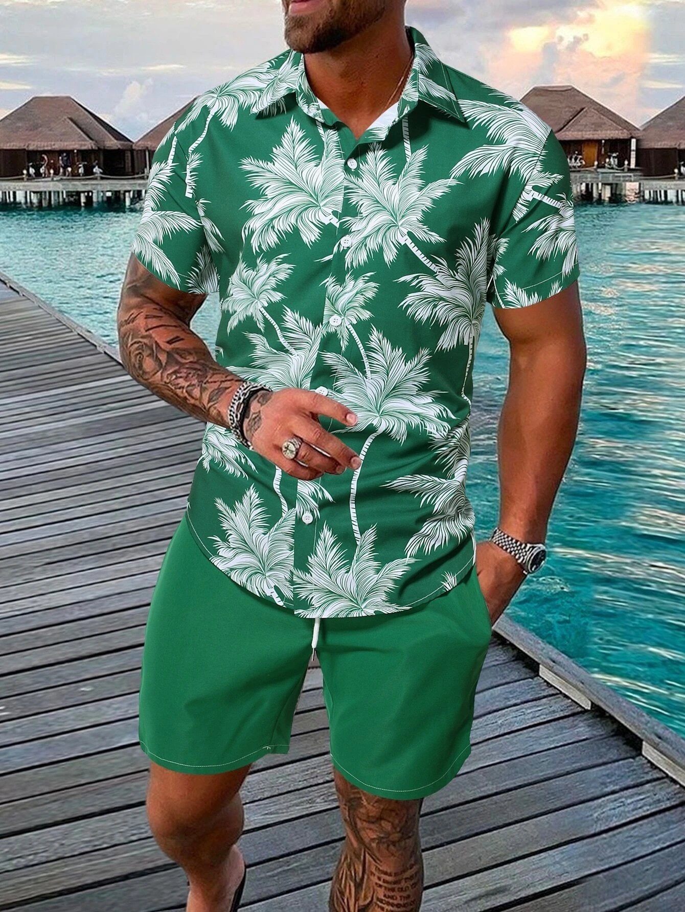 Hawaiian Beach Coconut Tree Print Pocket Short Sleeve Shirt Set