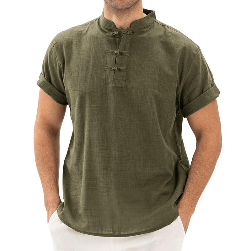 Men's Cotton Linen Henley Short Sleeve Hippie Casual Beach T-Shirt