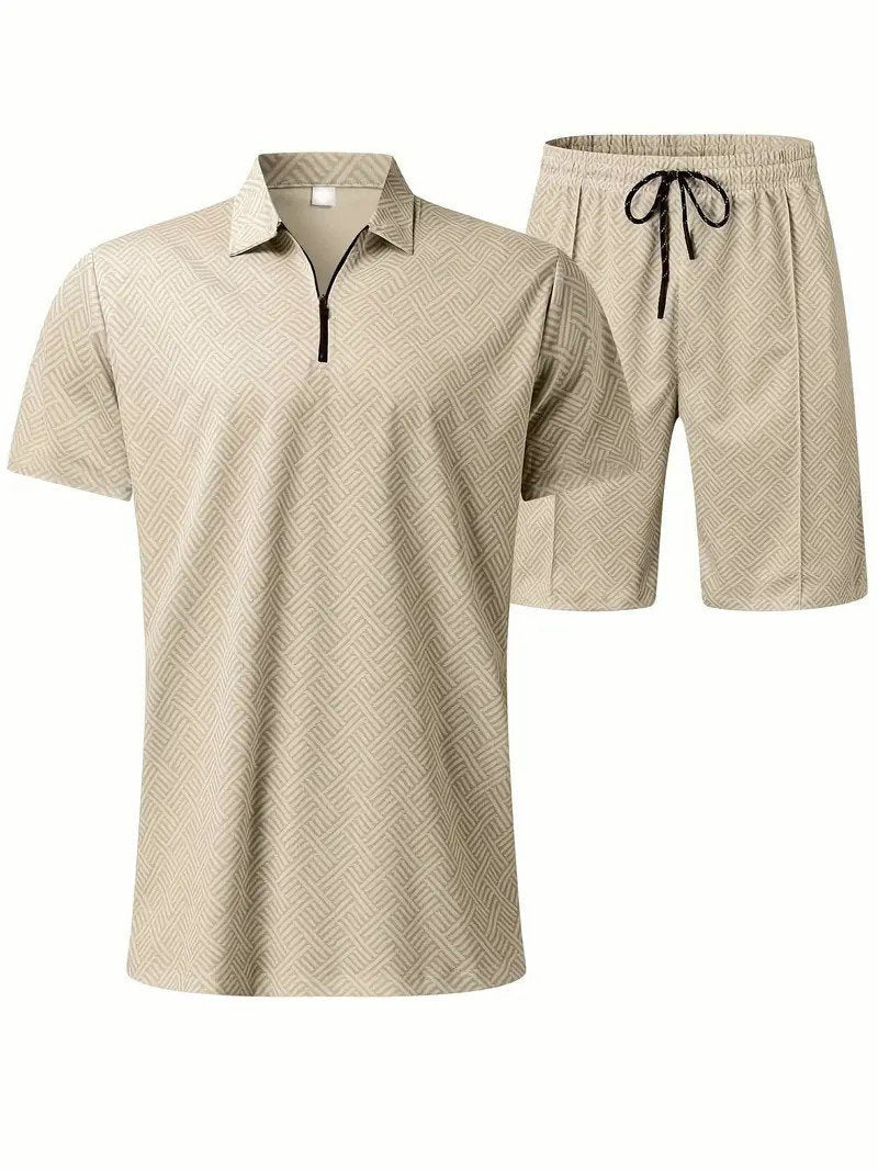 Men's Fashion V Neck Zipper Polo Top Set