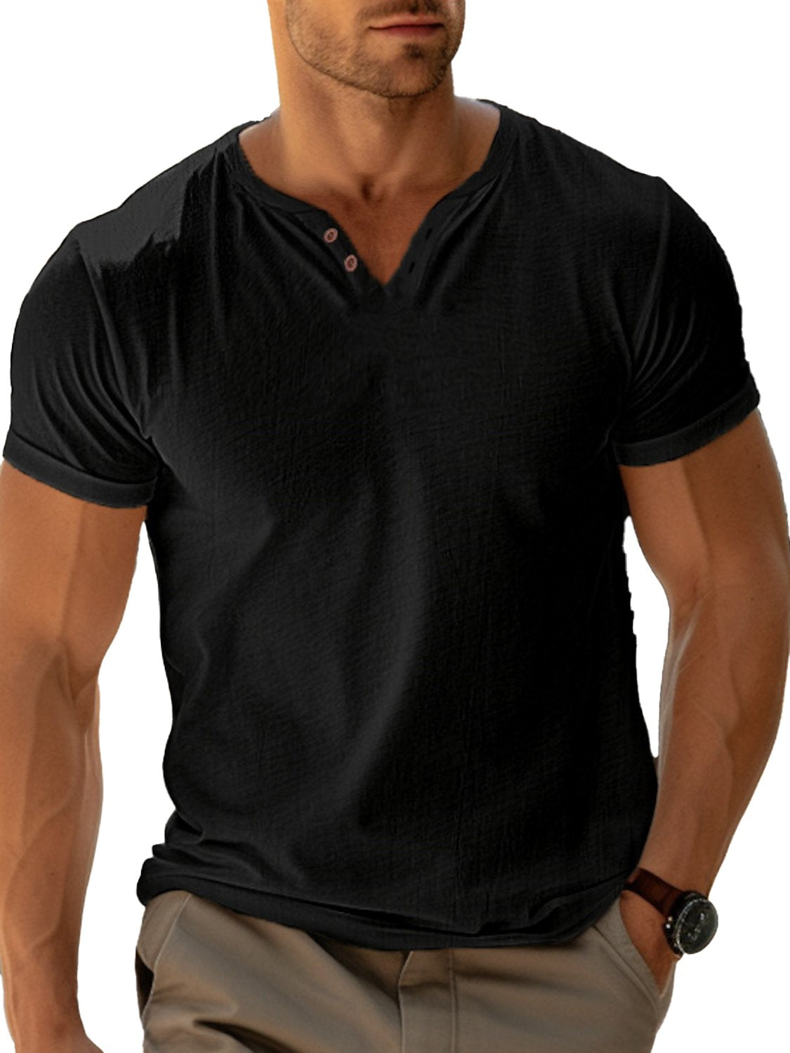 Men's Casual Henley Cotton Linen V-Neck T-Shirt