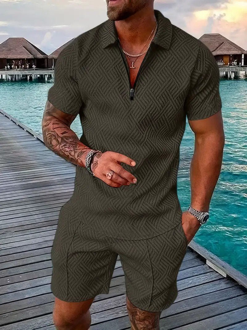 Men's Fashion V Neck Zipper Polo Top Set