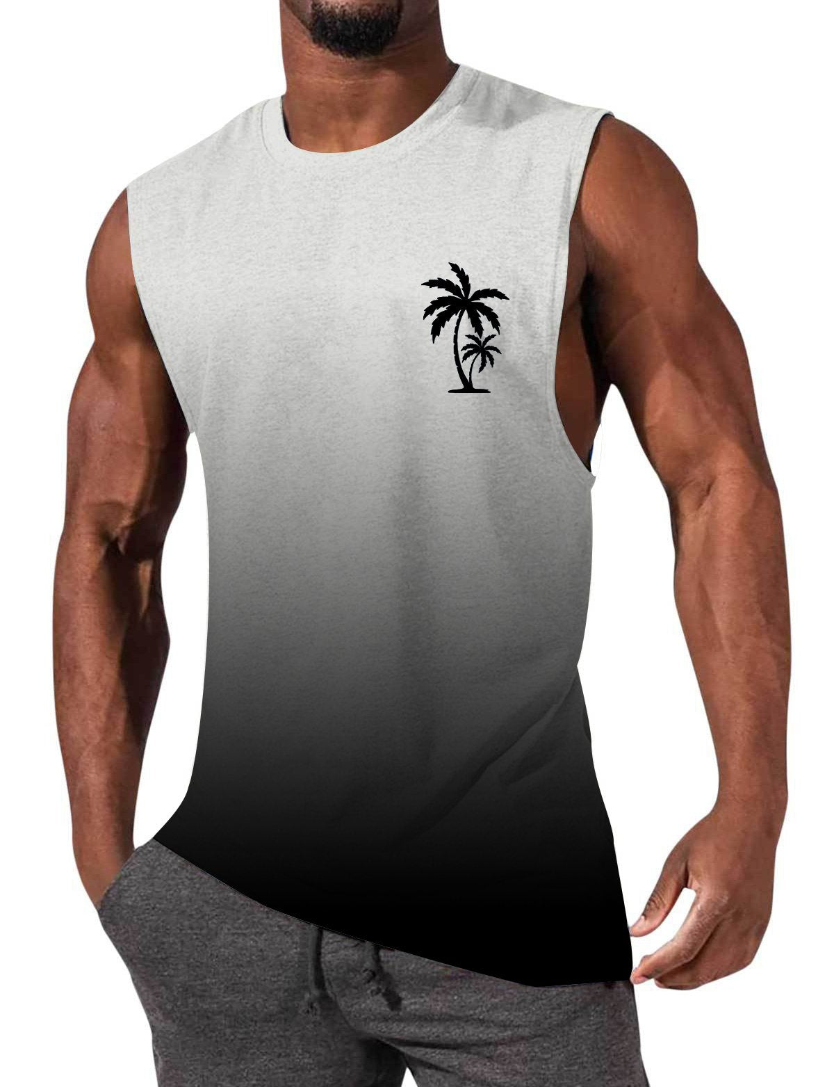 Men's Gradient Color Palm Tree Hawaiian Print Comfort Casual Sleeveless T-Shirt