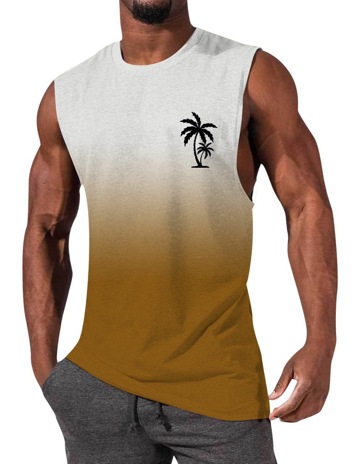 Men's Gradient Color Palm Tree Hawaiian Print Comfort Casual Sleeveless T-Shirt