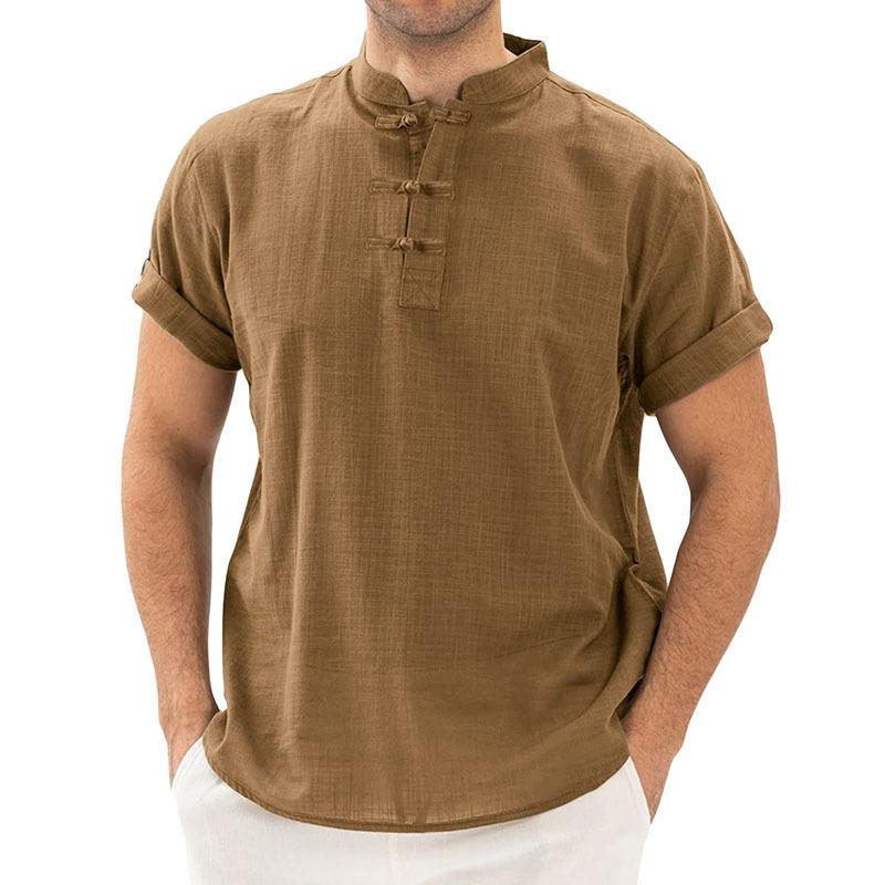 Men's Cotton Linen Henley Short Sleeve Hippie Casual Beach T-Shirt