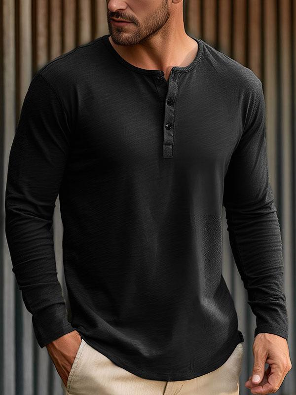 Men's Solid Color Three Button Henley Collar Long Sleeve T-Shirt