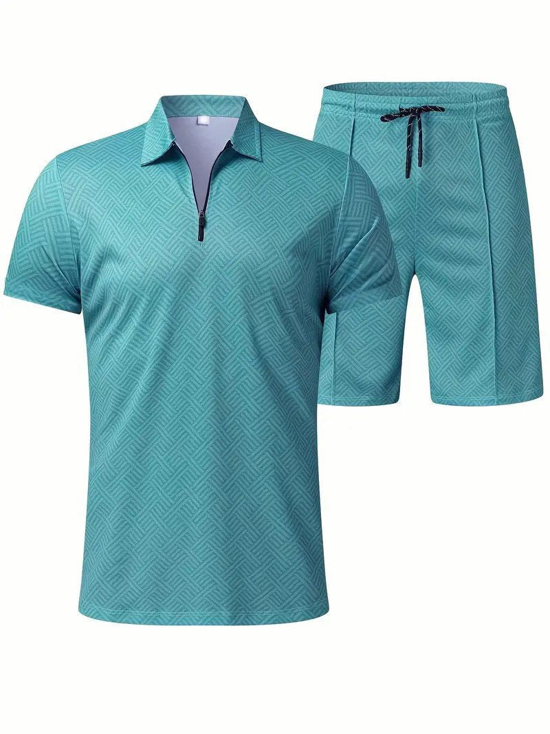 Men's Fashion V Neck Zipper Polo Top Set