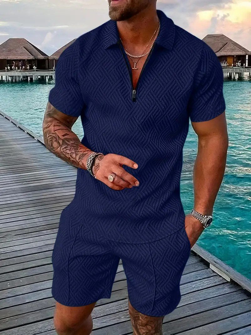 Men's Fashion V Neck Zipper Polo Top Set