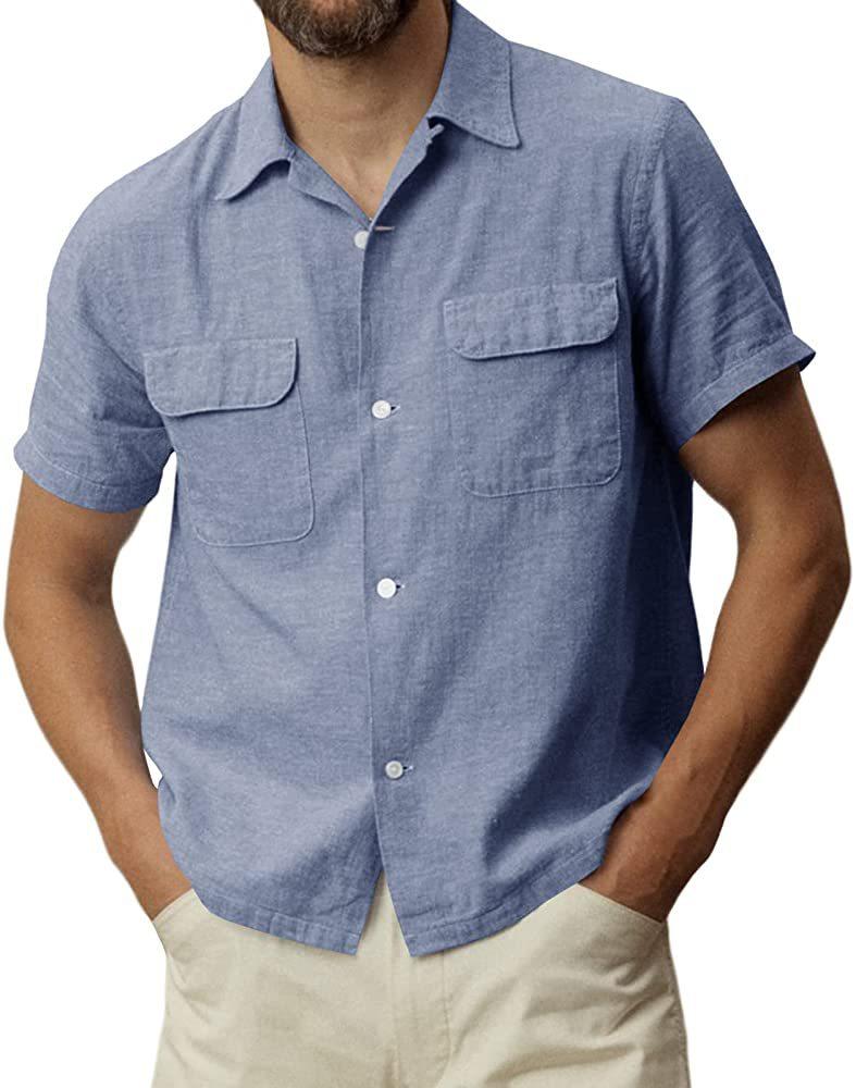 Men's Cotton Linen Short Sleeve Shirt Summer Button Cotton Cuban Camp Beach Casual Pocket Top T-Shirt