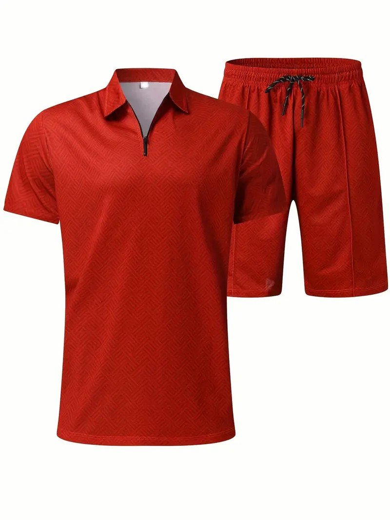 Men's Fashion V Neck Zipper Polo Top Set