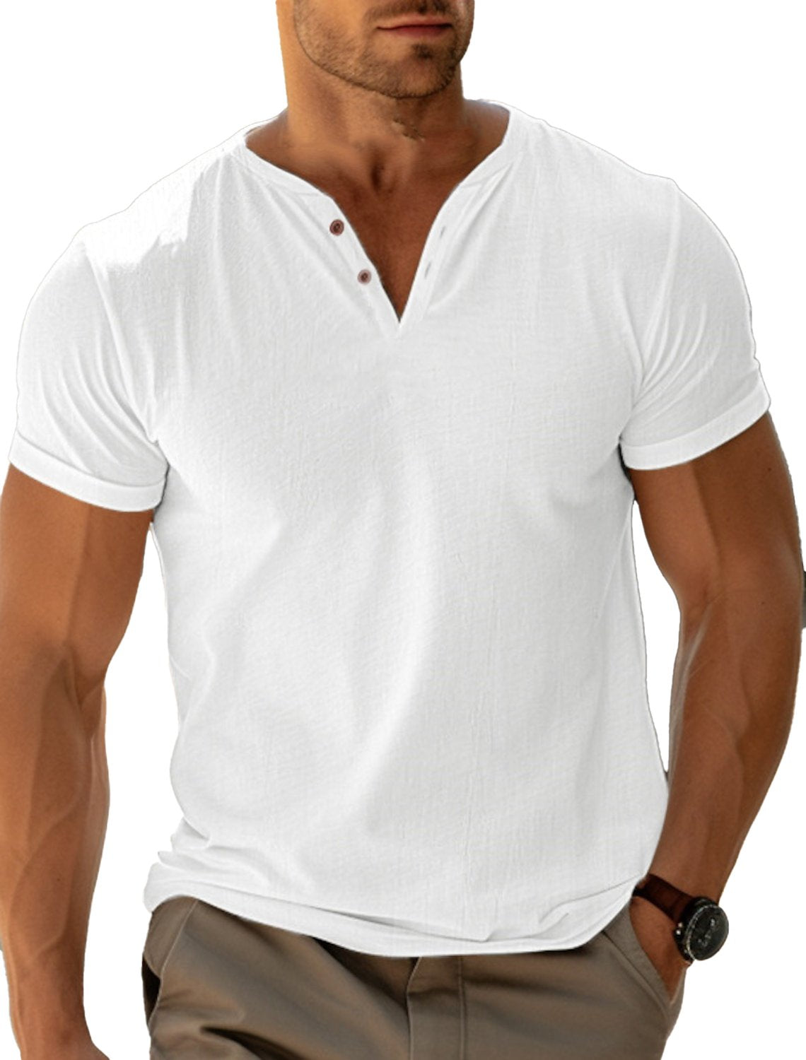 Men's Casual Henley Cotton Linen V-Neck T-Shirt