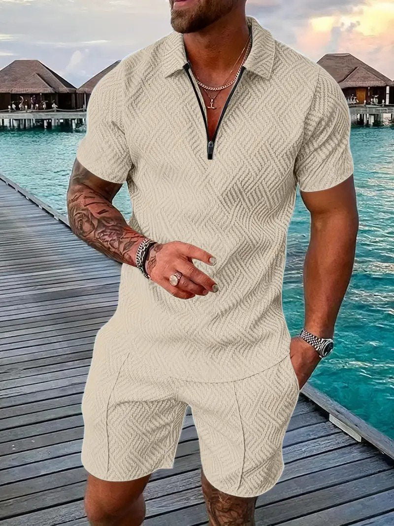 Men's Fashion V Neck Zipper Polo Top Set