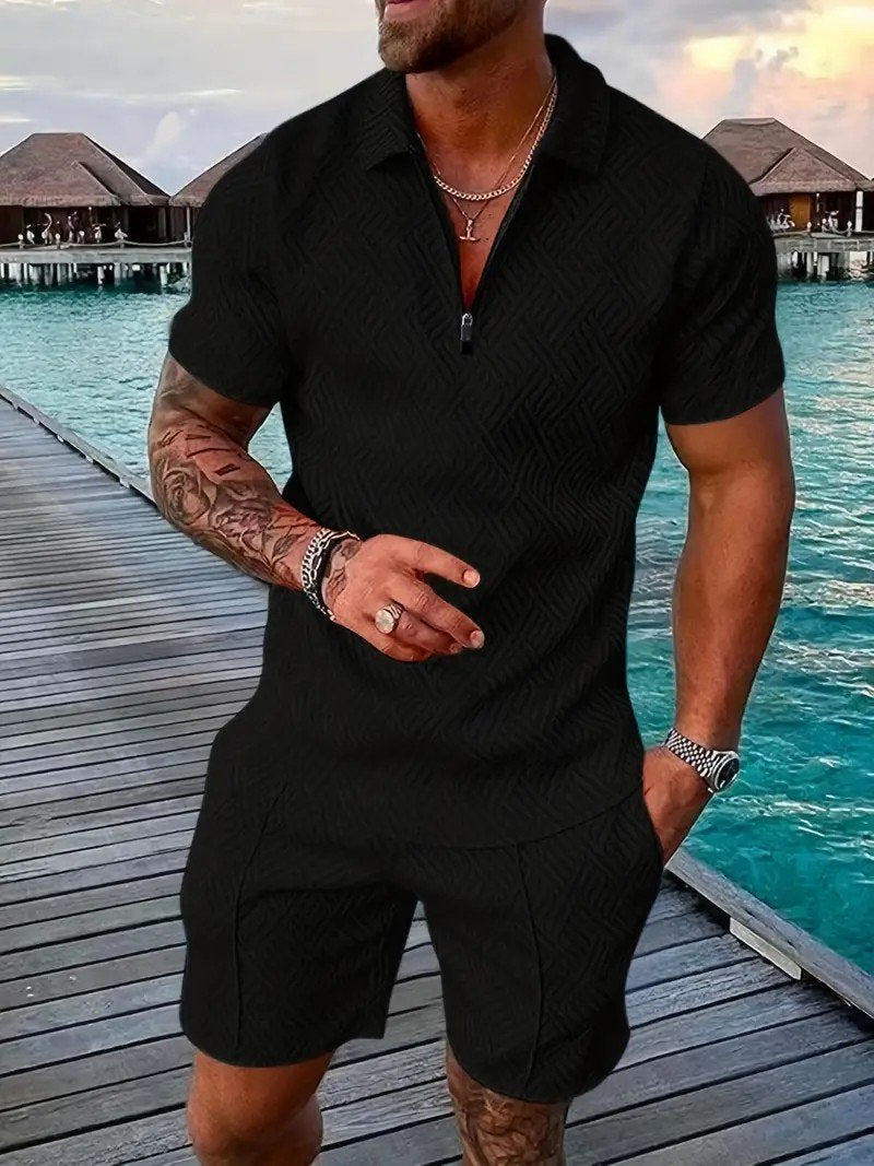 Men's Fashion V Neck Zipper Polo Top Set