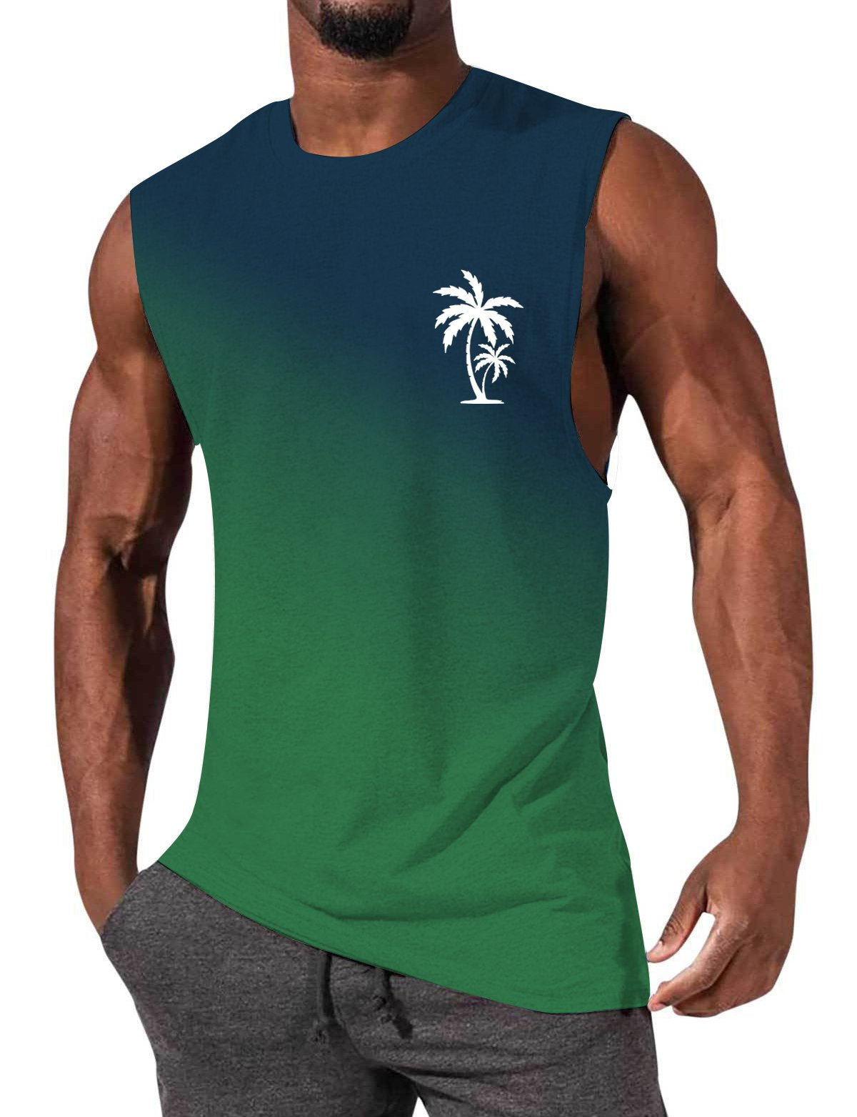 Men's Gradient Color Palm Tree Hawaiian Print Comfort Casual Sleeveless T-Shirt