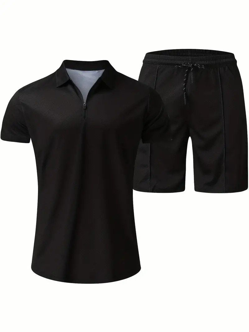 Men's Fashion V Neck Zipper Polo Top Set