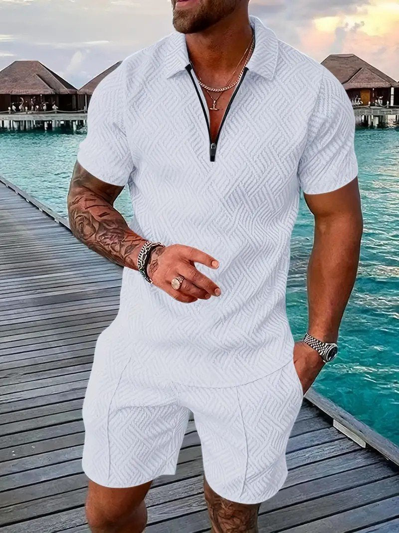 Men's Fashion V Neck Zipper Polo Top Set